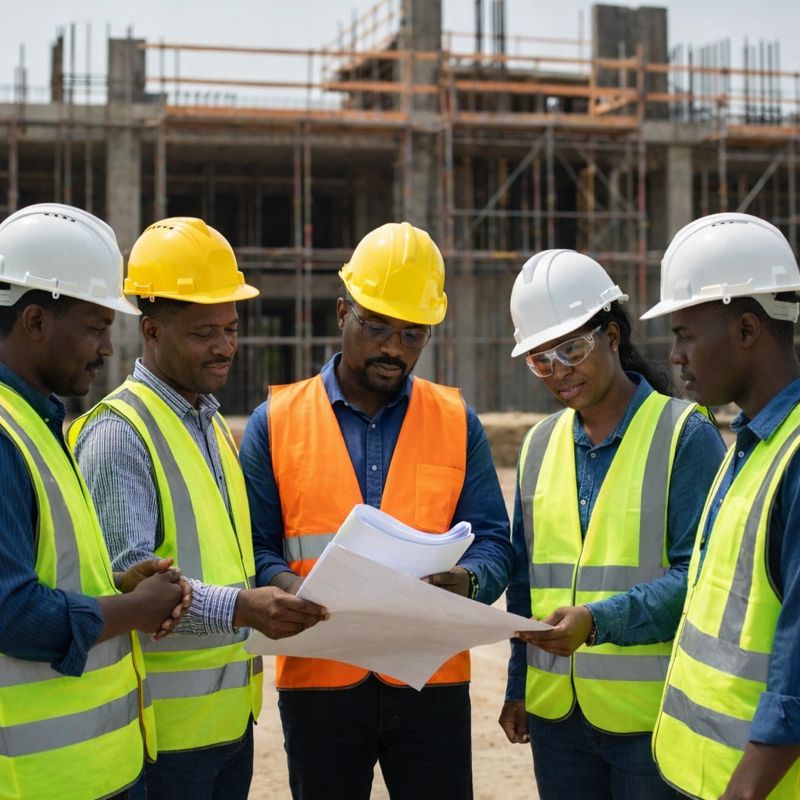 ZECO Construction team reviewing building plans on site in Gauteng, Pretoria